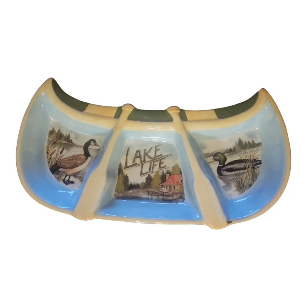 Vtg Lake Life Susan Winget Canoe Shape Relish Dip Hors d'oeuvre Sectioned Bowl